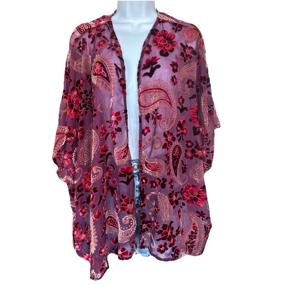 Umgee Velvet Sheer Floral Kimono Size M/L Feminine Festive Boho Open Cardigan - Picture 2 of 10